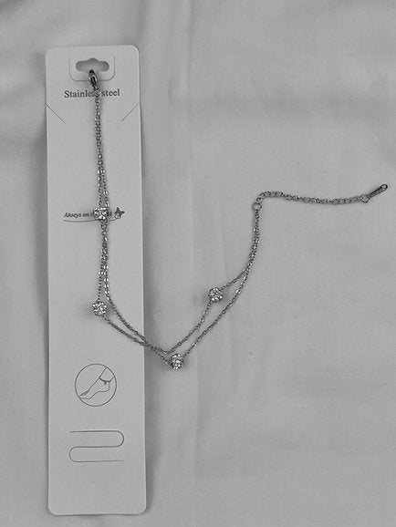Edelstahl Fußkettchen – Silberne Doppelkette mit Kristallanhängern