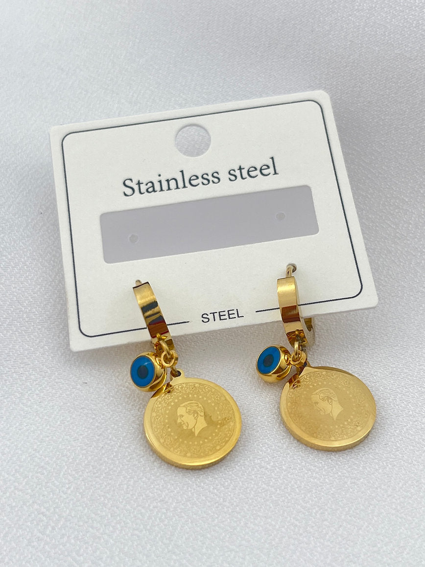 Atatürk Medaillon & Nazar Perlen Edelstahl Ohrringe